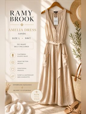 Ramy Brook Amelia Dress Sands Midi Tie Waist NWT Size L